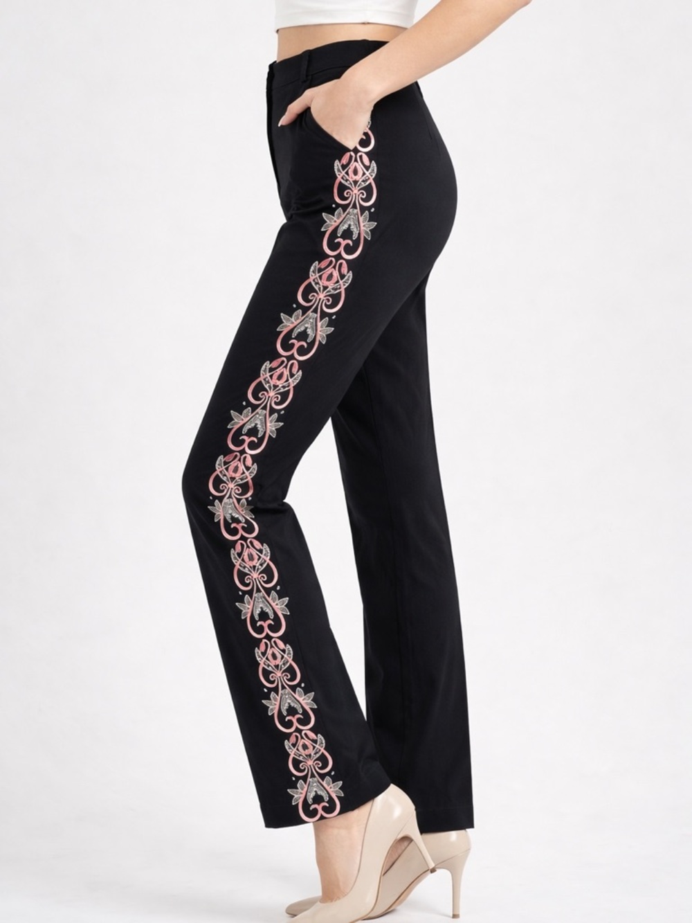 Joseph Ribkoff Y2K Embroidered Side Panel Pants Black Stretch 4